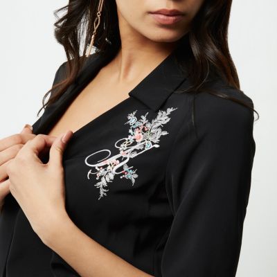 Black floral embroidered pyjama blouse